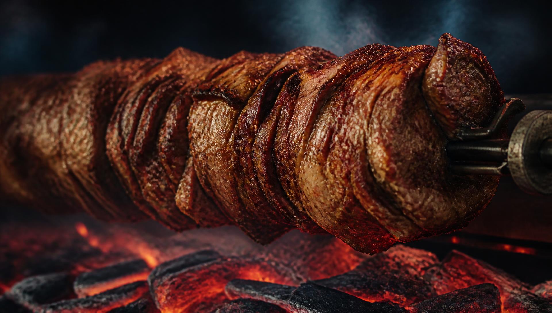 Carne di kebab che gira sullo spiedo tra le braci
